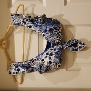 Seafolly Size 8 Blue White Floral Paisley Ruffle Swim Top Bathing Suit